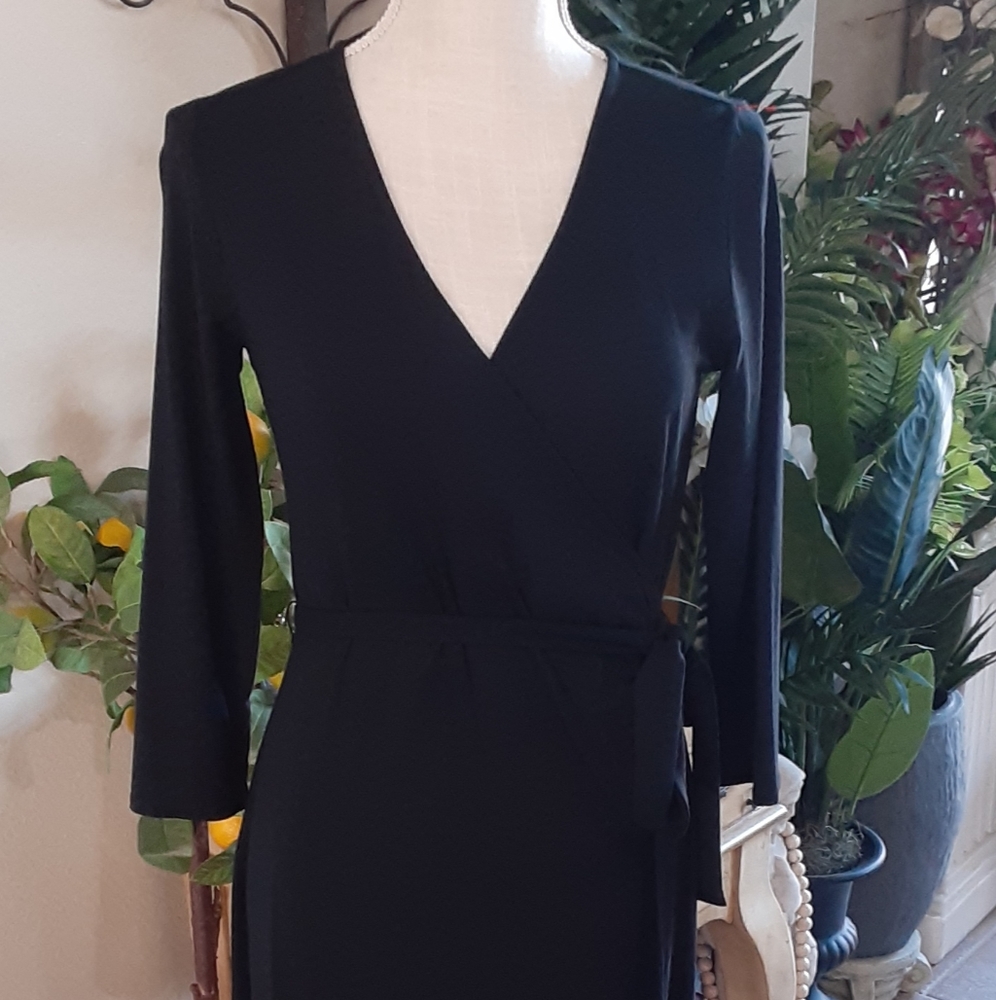 Talbots Knit Jersey Faux Wrap Dress Black 3/4 Sleeve XS